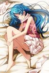  absurdres bad_id bad_pixiv_id bare_arms bare_legs bare_shoulders barefoot bed_sheet bell blue_eyes blue_hair blue_nails blush bow closed_mouth double-breasted eyebrows_visible_through_hair feet full_body hair_down hatsune_miku highres jingle_bell light_particles long_hair looking_at_viewer lying medium_skirt nail_polish on_side pink_bow pink_shirt pleated_skirt powder_(module) project_diva_(series) scarf shiny shiny_hair shirt skirt sleeveless sleeveless_shirt smile smirk solo thighhighs_removed toenail_polish tsukishiro_saika very_long_hair vocaloid white_legwear white_scarf white_skirt 