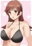  :o bare_shoulders bikini bikini_top black_bikini blush breasts brown_eyes brown_hair cleavage clover collarbone four-leaf_clover halterneck highres jewelry kamikitayotsuba kantai_collection large_breasts long_hair looking_at_viewer ooi_(kantai_collection) open_mouth pink_background single_earring straight_hair swimsuit torpedo_earrings upper_body v-shaped_eyebrows 