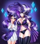  2017 animal_humanoid big_breasts blue_eyes blue_nails blush bra breasts choker cleavage clothed clothing colored_nails cutie_mark duo ear_piercing equine eyebrows eyelashes eyeshadow female friendship_is_magic fully_clothed grin hair hand_on_hip horn humanoid legwear lingerie long_hair looking_at_viewer makeup mammal mascara multicolored_hair my_little_pony navel nightgown nightmare_rarity_(idw) panties piercing pose purple_background purple_hair racoon-kun rarity_(mlp) shirt simple_background skirt slit_pupils smile standing stockings teeth thigh_highs two_tone_hair underwear unicorn watermark 