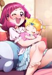  baby barefoot blonde_hair blush closed_eyes convenient_leg hayashi_keita hug-tan_(precure) hugtto!_precure multiple_girls nono_hana nose_blush one_eye_closed pink_eyes pink_hair precure puffy_short_sleeves puffy_sleeves short_sleeves short_twintails sitting skirt tears twintails wavy_mouth 