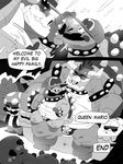  2018 amphibian bowser bulge clothed clothing collar comic english_text eyes_closed facial_hair galgard hat horn koopa larger_male male mario mario_bros monochrome muscular muscular_male mustache nintendo on_lap overweight scalie shell size_difference smile speech_bubble spiked_armlet spiked_collar spikes text thong toad topless vest video_games 