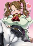  1girl ass boots breasts brown_hair female gundam gundam_build_fighters gundam_build_fighters_try happy huge_ass huge_breasts jun_(rojiura_jack) long_hair looking_at_viewer partially_visible_vulva rojiura_jack sazaki_kaoruko shiny shiny_skin sittting skin_tight skirt smile solo thick_thighs thighs twintails 