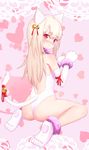  alternate_costume animal_ears arm_ribbon ass back_cutout bad_id bad_pixiv_id bangs banned_artist bare_legs bare_shoulders bell blonde_hair blush body_blush cat_ears cat_tail closed_eyes closed_mouth elbow_gloves eyebrows_visible_through_hair fake_animal_ears fang fang_out fate/kaleid_liner_prisma_illya fate_(series) full_body fur-trimmed_gloves fur_collar fur_trim gloves hair_bell hair_ornament hairband heart heart_background highres illyasviel_von_einzbern jingle_bell leotard light_frown long_hair looking_at_viewer nose_blush paw_gloves paw_shoes paws pink_background red_eyes red_ribbon ribbon shoes sitting solo tail tail_bell tail_ribbon very_long_hair wariza white_footwear white_gloves white_hairband white_leotard yiku_(sim7368) 