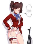  adjusting_clothes adjusting_panties bangs blue_bow blue_neckwear blush bow bow_panties bowtie breasts brown_hair center_frills closed_mouth counter-strike_online cowboy_shot dark_skin eyebrows_visible_through_hair frilled_shirt frills gun hairband highres korean leg_garter long_sleeves looking_down lowleg lowleg_panties medium_breasts narynn no_pants panties red_hairband red_shirt ribbon shiny shiny_skin shirt short_hair short_twintails side-tie_panties sleeves_past_wrists solo standing sweatdrop swept_bangs thigh_strap thighs thought_bubble translated twintails underwear weapon white_bow white_panties white_ribbon yuri_(counter-strike_online) 