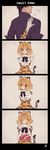  1girl 4koma absurdres animal_ears blonde_hair blush bow bowtie box comic commentary fur_collar gift gift_box gloves hatagaya highres holding holding_gift jaguar_(kemono_friends) jaguar_ears jaguar_print jaguar_tail kemono_friends looking_at_viewer multicolored_hair multiple_girls open_mouth short_hair short_sleeves silent_comic simple_background smile tail tsuyoshi_(singer) valentine yellow_eyes 