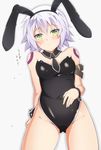  animal_ears arm_belt bandaged_arm bandages bare_shoulders black_leotard black_neckwear blush breasts bunny1219 bunny_ears bunny_girl bunnysuit commentary_request detached_collar facial_scar fake_animal_ears fate/grand_order fate_(series) green_eyes highres jack_the_ripper_(fate/apocrypha) leotard necktie scar scar_across_eye scar_on_cheek shoulder_tattoo silver_hair small_breasts solo strapless tattoo white_background 