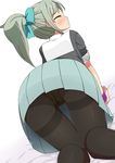  1girl all_fours ass bed_sheet black_legwear black_shirt blue_bow blue_skirt blush bow dutch_angle embarrassed eyebrows_visible_through_hair eyes_closed female from_behind green_hair hair_bow hair_ornament kantai_collection knees_together_feet_apart minamimachi_naname panties panties_under_pantyhose pantyhose pee_stain pleated_skirt ponytail shirt short_sleeves simple_background skirt solo thighband_pantyhose tied_hair underwear upskirt wet_clothes wet_panties white_background wristband yellow_panties yuubari_(kantai_collection) 
