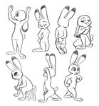  2018 anthro breasts butt chair dipstick_ears disney featureless_breasts featureless_crotch female flat_chested fuel_(artist) greyscale judy_hopps kneeling lagomorph mammal monochrome multiple_poses nude pose rabbit simple_background sitting smile solo standing white_background zootopia 