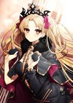  asymmetrical_sleeves bad_id bad_pixiv_id bangs black_cape black_dress blonde_hair blush bow breasts cape cleavage closed_mouth collarbone commentary_request dress earrings ereshkigal_(fate/grand_order) eyebrows_visible_through_hair fate/grand_order fate_(series) floating_hair fur_collar fur_trim gambe hair_bow highres holding infinity jewelry long_hair long_sleeves looking_at_viewer medium_breasts multicolored multicolored_cape multicolored_clothes parted_bangs purple_bow purple_cape red_eyes revision single_sleeve skull smile solo spine tiara two_side_up very_long_hair 