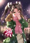  absurdres alternate_costume blush box breast_pocket brown_hair brown_sweater bulge cityscape coat fringe_trim fur-trimmed_coat fur_trim gift gift_box green_coat green_eyes hair_ribbon heart heart_in_eye highres holding holding_box holding_gift incoming_gift kantai_collection long_sleeves looking_at_viewer motion_blur night night_sky nose_blush open_clothes open_coat outdoors outstretched_arm pink_ribbon pink_scarf pocket ribbon sakurahuji-iro scarf scarf_over_mouth sky snowing solo striped sweater symbol_in_eye valentine vertical_stripes white_ribbon winter zuikaku_(kantai_collection) 