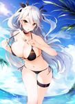  anchor azur_lane bangs bikini bikini_pull black_bikini black_bow blush bow breasts brown_eyes cleavage commentary_request day eyebrows_visible_through_hair fisheye food hair_bow hands_up highlights highres holding holding_food kisaragi_kiriha large_breasts leaning_forward long_hair looking_at_viewer multicolored_hair navel ocean open_mouth outdoors palm_tree popsicle prinz_eugen_(azur_lane) side-tie_bikini silver_hair solo standing swimsuit thigh_gap thigh_strap thighs tree tsurime two_side_up 