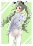  1girl anchovy ass blush breasts chiro drill_hair embarrassed fang girls_und_panzer green_hair hair_ribbon long_hair looking_at_viewer looking_back looking_down open_mouth panties panties_under_pantyhose pantyhose red_eyes shiny shiny_hair shirt sideboob solo twin_drills twintails very_long_hair white_legwear 