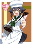  :d alternate_costume apron bangs black_hair black_skirt bowl braid brown_eyes chef_hat chocolate commentary_request cowboy_shot dated english girls_und_panzer green_neckwear hair_tie happy_valentine hat heart highres holding long_sleeves looking_at_viewer miniskirt mixing_bowl multicolored multicolored_background neckerchief open_mouth outside_border outstretched_arm pantyhose pepperoni_(girls_und_panzer) pleated_skirt ruka_(piyopiyopu) shirt short_hair side_braid skirt smile solo spatula standing toque_blanche v-shaped_eyebrows valentine waist_apron white_apron white_legwear white_shirt 