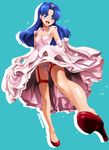  :d artist_name ass_visible_through_thighs blue_background blue_eyes blue_hair blush bow bow_panties breasts cleavage dress dress_lift earrings elbow_gloves fang gloves heart heart_earrings high_heels highres jewelry kirakira_precure_a_la_mode lips long_hair looking_at_viewer necklace open_mouth panties pink_dress pink_gloves pink_panties precure red_footwear satou_shouji simple_background small_breasts smile solo sparkle tategami_aoi underwear 
