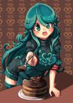  :d absurdres apron aqua_hair borokuro cake chocolate chocolate_cake food fork gen_4_pokemon green_eyes green_legwear highres leaning_forward long_hair looking_at_viewer open_mouth personification plate pokemon ribbed_sweater slice_of_cake smile solo sweater table tangrowth thighhighs very_long_hair wavy_hair 