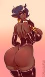  big_breasts breasts butt cleavage clothed clothing dark_skin ear_piercing elf female huge_breasts humanoid legwear lipstick liveforthefunk looking_back makeup mammal not_furry piercing pointy_ears purple_eyes red_lipstick solo thigh_highs vanessa_(liveforthefunk) 