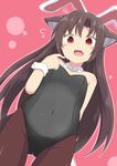  alternate_costume animal_ears bangs black_leotard blush brown_eyes brown_hair brown_legwear bunny_ears bunnysuit commentary_request covered_navel cowboy_shot detached_collar dutch_angle eyebrows_visible_through_hair fake_animal_ears fishnet_pantyhose fishnets flying_sweatdrops imaizumi_kagerou kazawa_(tonzura-d) leotard long_hair looking_at_viewer open_mouth pantyhose pink_background solo squiggle tail touhou very_long_hair wolf_ears wolf_tail wrist_cuffs 