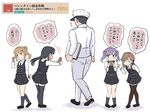  4girls admiral_(kantai_collection) arashio_(kantai_collection) asashio_(kantai_collection) bangs belt black_hair black_legwear blush brown_hair buttons closed_eyes collared_shirt commentary_request double_bun dress frilled_dress frills full_body gift hat holding holding_gift holding_paper kantai_collection kneehighs loafers long_hair long_sleeves michishio_(kantai_collection) military military_hat military_uniform multiple_girls naval_uniform one_eye_closed ooshio_(kantai_collection) pants pantyhose paper peaked_cap pinafore_dress purple_eyes purple_hair remodel_(kantai_collection) school_uniform shirt shoes speech_bubble swept_bangs takku thighhighs translated twintails uniform valentine white_pants white_shirt 