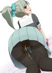  1girl all_fours ass bed_sheet black_legwear black_shirt blue_bow blue_skirt blush bow brown_eyes dutch_angle embarrassed eyebrows_visible_through_hair female from_behind green_hair hair_bow hair_ornament half-closed_eyes kantai_collection knees_together_feet_apart looking_at_viewer looking_back minamimachi_naname open_mouth panties panties_under_pantyhose pantyhose peeing peeing_self pleated_skirt ponytail shirt short_sleeves simple_background skirt solo tears teeth thighband_pantyhose tied_hair underwear upskirt wet_clothes wet_panties white_background wristband yellow_panties yuubari_(kantai_collection) 