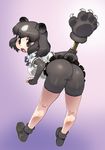  animal_ears ass bear_ears bear_girl bear_paw_hammer bear_tail bike_shorts black_eyes black_hair breasts brown_bear_(kemono_friends) elbow_gloves fingerless_gloves gloves highres kemono_friends matagitii medium_breasts nib_pen_(medium) simple_background solo tail traditional_media 