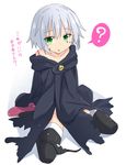  ? bangs bare_shoulders black_legwear black_panties blush commentary_request eyebrows_visible_through_hair fate/apocrypha fate_(series) green_eyes jack_the_ripper_(fate/apocrypha) kazawa_(tonzura-d) looking_at_viewer off_shoulder panties panties_around_one_leg scar scar_across_eye short_hair shoulder_tattoo silver_hair simple_background sitting sleeves_past_fingers sleeves_past_wrists solo spoken_question_mark tattoo thighhighs translation_request underwear white_background 