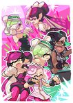  4girls :d ;d aori_(splatoon) black_gloves black_hair black_jumpsuit black_shirt black_skirt clenched_hand closed_eyes cousins crop_top crown dark_skin detached_collar domino_mask dress fangs fingerless_gloves food food_on_head gloves green_hair green_legwear green_nails grey_hair grin happy headphones hime_(splatoon) hotaru_(splatoon) iida_(splatoon) instrument leaning_forward long_hair looking_at_another mask mole mole_under_eye mole_under_mouth multicolored_hair multiple_girls music nail_polish object_on_head octarian one_eye_closed open_mouth pantyhose pink_dress pink_hair playing_instrument pointy_ears purple_hair purple_legwear shirt short_hair short_jumpsuit skirt sleeveless sleeveless_dress sleeveless_shirt smile splatoon_(series) splatoon_1 splatoon_2 squid_pose standing strapless strapless_dress sushi tentacle_hair two-tone_hair white_gloves white_hair wong_ying_chee 