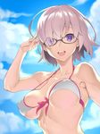  :d adapted_uniform arm_up armpits bangs bare_arms bare_shoulders blue_sky breasts cloud collarbone day eyebrows_visible_through_hair eyes_visible_through_hair fate/grand_order fate_(series) front-tie_bikini front-tie_top hair_over_one_eye halterneck highres looking_at_viewer mash_kyrielight medium_breasts open_mouth pink_hair pink_ribbon purple_eyes ribbon round_teeth sage_joh shiny shiny_hair short_hair sky smile solo strap_gap swimsuit_of_perpetual_summer tareme teeth underboob upper_body work_in_progress 