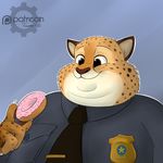  2016 4_fingers anthro badge benjamin_clawhauser blue_background brown_eyes brown_nose cheetah claws clothed clothing disney doughnut feline food fur hi_res holding_food holding_object male mammal necktie obese outline overweight overweight_male patreon signature simple_background smile solo spots spotted_fur tan_fur twotail813 watermark whiskers white_claws zootopia 