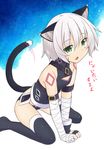  animal_ears arm_belt bandaged_arm bandages bangs bare_shoulders black_legwear black_panties blush cat_ears cat_tail eyebrows_visible_through_hair fate/apocrypha fate_(series) fingerless_gloves gloves green_eyes hair_between_eyes jack_the_ripper_(fate/apocrypha) kazawa_(tonzura-d) kemonomimi_mode multicolored multicolored_background no_shoes open_mouth panties scar scar_across_eye short_hair shoulder_tattoo silver_hair single_glove sitting solo star tail tattoo thighhighs translation_request two-tone_background underwear 