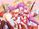  :d ass back bare_shoulders blush breasts brown_legwear chocolate cracker fang food headphones highres long_hair looking_at_viewer maomaozi medium_breasts multiple_girls naked_ribbon navel open_mouth original pocky purple_eyes purple_hair ribbon smile thighhighs twintails valentine very_long_hair 