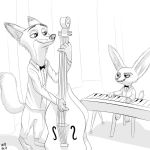  canine disney double_bass duo fennec finnick fox greyscale jazz male mammal monochrome musical_instrument nick_wilde piano w4g4 zootopia 