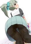  1girl all_fours ass bed_sheet black_legwear black_shirt blue_bow blue_skirt blush bow brown_eyes dutch_angle embarrassed eyebrows_visible_through_hair female from_behind green_hair hair_bow hair_ornament half-closed_eyes kantai_collection knees_together_feet_apart looking_at_viewer looking_back minamimachi_naname panties panties_under_pantyhose pantyhose peeing_self pleated_skirt ponytail pouting shirt short_sleeves simple_background skirt solo tears thighband_pantyhose tied_hair underwear upskirt wet_clothes wet_panties white_background wristband yellow_panties yuubari_(kantai_collection) 