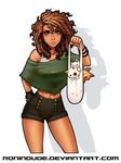  bag bracelet brown_eyes brown_hair casual cat commentary cropped_legs dark_skin freckles hairlocs highres jewelry kitten lips looking_at_viewer medium_hair messy_hair midriff navel original poncho raised_eyebrow ronindude shorts solo tank_top too_many too_many_cats 