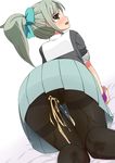  1girl all_fours ass bed_sheet black_legwear black_shirt blue_bow blue_skirt blush bow brown_eyes dutch_angle embarrassed eyebrows_visible_through_hair female from_behind green_hair hair_bow hair_ornament half-closed_eyes kantai_collection knees_together_feet_apart looking_at_viewer looking_back minamimachi_naname open_mouth panties panties_under_pantyhose pantyhose peeing peeing_self pleated_skirt ponytail shirt short_sleeves simple_background skirt solo tears teeth thighband_pantyhose tied_hair underwear upskirt wet_clothes wet_panties white_background wristband yellow_panties yuubari_(kantai_collection) 