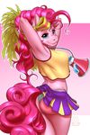  2018 absurd_res anthro butt butt_pose clothing cutie_mark digital_media_(artwork) earth_pony equine female friendship_is_magic hair hi_res horse long_hair mammal my_little_pony mykegreywolf pink_hair pinkie_pie_(mlp) pony skirt smile solo 