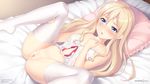  artist_name babydoll bar_censor bed bed_sheet blonde_hair blue_eyes blush breasts censored eyebrows_visible_through_hair frills lingerie long_hair looking_at_viewer lying navel no_shoes nose_blush on_back open_mouth original panties pillow pussy pussy_juice rikorin small_breasts solo spread_legs thighhighs twitter_username underwear underwear_only watermark web_address white_babydoll white_legwear 