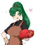  absurdres apron blush breasts chocolate fire_emblem fire_emblem:_rekka_no_ken fire_emblem_heroes green_eyes green_hair high_ponytail highres large_breasts long_hair looking_at_viewer lyndis_(fire_emblem) ormille ponytail simple_background smile solo white_background 