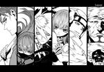  4boys bangs bare_shoulders black_sclera cloak closed_mouth column_lineup covered_mouth elizabeth_bathory_(fate) elizabeth_bathory_(fate)_(all) eyelashes fate/grand_order fate_(series) fingerless_gloves frills frown gloves greyscale hair_between_eyes hand_on_headwear hand_on_own_arm hat holding holding_arm horns houzouin_inshun_(fate/grand_order) karna_(fate) kofunami_nana letterboxed li_shuwen_(fate) li_shuwen_(fate/grand_order) long_hair looking_at_viewer looking_away mask monochrome multiple_boys multiple_girls musashibo_benkei_(fate/grand_order) ninja_mask parted_lips portrait scathach_(fate)_(all) scathach_(fate/grand_order) sideways_glance simple_background skull smile smirk teeth trait_connection turban upper_body white_background wrinkles 
