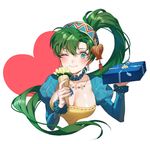  breasts cleavage dress fire_emblem fire_emblem:_rekka_no_ken fire_emblem_heroes gift green_eyes green_hair hair_ornament high_ponytail large_breasts long_hair looking_at_viewer lyndis_(fire_emblem) one_eye_closed ponytail smile solo zuizi 
