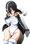  1girl artist_request black_hair breasts curvy emperor_penguin_(kemono_friends) female headphones highleg highleg_leotard hood hoodie kemono_friends leotard long_hair looking_at_viewer partially_visible_vulva shiny shiny_skin solo thighhighs thong_leotard 