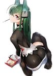  ass back black_legwear bodystocking butt_crack feet food gloves green_hair highres long_hair menou_kaname original pocky purple_eyes shorts soles taishi_(picchiridou) thighhighs 