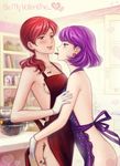  alternate_hairstyle apron bare_shoulders elena_ivlyushkina eyebrows_visible_through_hair happy_valentine kenjou_akira kirakira_precure_a_la_mode kitchen kotozume_yukari mouth_hold multiple_girls naked_apron ponytail precure purple_eyes purple_hair red_hair smile valentine yuri 