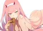  arched_back ass blush body_blush breasts chocolate chocolate_heart darling_in_the_franxx green_eyes hairband heart long_hair looking_at_viewer medium_breasts naughty_face nude nuezou seductive_smile simple_background smile solo valentine white_background zero_two_(darling_in_the_franxx) 