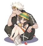  1girl barefoot black_hair blush braid covering_mouth eyewear_on_head feet full_body guzma_(pokemon) handheld_game_console hat mizuki_(pokemon) nintendo_3ds open_clothes pants playing_games poke_ball poke_ball_(generic) pokemon pokemon_(game) pokemon_usum shoes short_sleeves shorts sitting sitting_on_lap sitting_on_person smile sneakers soles sun_hat sweatdrop tank_top team_skull track_pants white_hair zuizi 