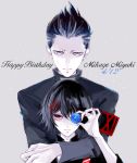  2boys androgynous black_hair black_shirt closed_mouth commentary_request covering fingernails grey_background hair_between_eyes hair_ornament hairclip half-closed_eyes happy_birthday holding hug hug_from_behind kenkoumineral13 looking_at_viewer male_focus mikage_miyuki multiple_boys nail_polish number one_eye_covered open_eyes orb out_of_frame pale_skin purple_eyes red_eyes red_nails roman_numerals shirt short_hair short_sleeves simple_background stitched_face stitches suspenders suzuya_juuzou tokyo_ghoul tokyo_ghoul:re x_hair_ornament 