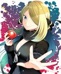  black_nails blonde_hair blue_eyes blue_hair breasts floating_hair hair_over_one_eye highres holding holding_poke_ball long_hair looking_at_viewer medium_breasts multicolored_hair nail_polish outstretched_arm poke_ball poke_ball_(generic) pokemon pokemon_(game) pokemon_dppt shirona_(pokemon) smile solo two-tone_hair upper_body very_long_hair yuihiko 