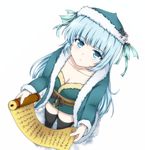  47_(479992103) beanie blue_eyes blue_hair breasts full_body hat highres lilin_(maplestory) long_hair maplestory open_mouth scroll simple_background small_breasts solo 