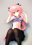  astolfo_(fate) black_bow black_ribbon bow braid commentary_request fang fate/apocrypha fate_(series) hair_intakes hair_ribbon long_braid long_hair looking_at_viewer male_focus midriff multicolored_hair nu_(plastic_eraser) otoko_no_ko pantyhose pink_hair purple_eyes ribbon single_braid streaked_hair 