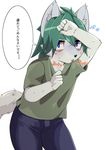  anthro blue_eyes blush canine clothing cub fur green_hair grey-fur hair inner_ear_fluff male mammal ontsuna pants shirt solo standing sweat t-shirt text tongue tongue_out translation_request white_fur wolf young 