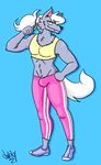  athletic blue_background bulge canine clothing doopcity male mammal pink_pants pretty_cure shirt simple_background tank_top wolf wolfrun yellow_shirt 